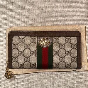 Gucci Beige Brown Monogram Zip Ophidia Wallet with Green-Red Web Brand New